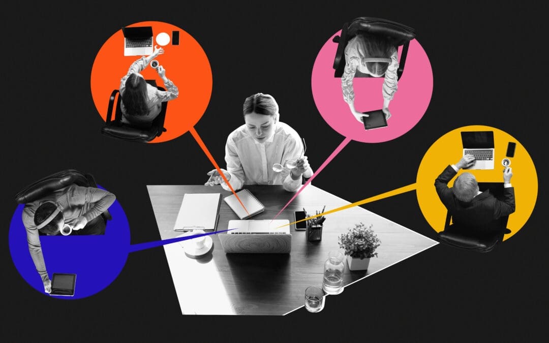 Business team collaborating on laptops and tablets connected through AI technology, symbolizing how companies integrate artificial intelligence into everyday workflows