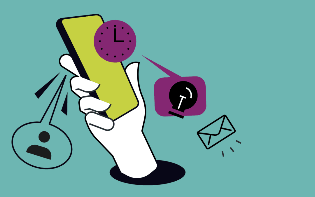 Illustration of mobile phone with a clock lightbulb and letter flying out of it